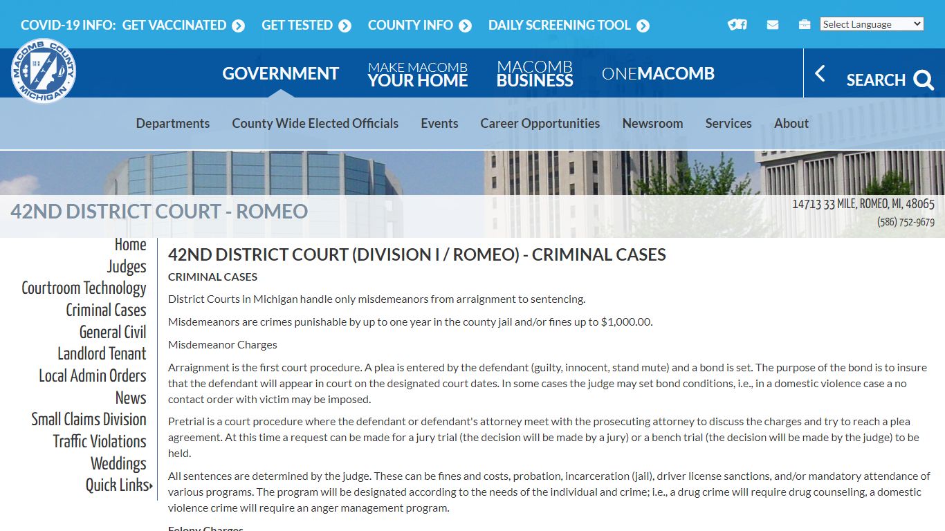 42nd District Court (Division I / Romeo) - Criminal Cases - Macomb County